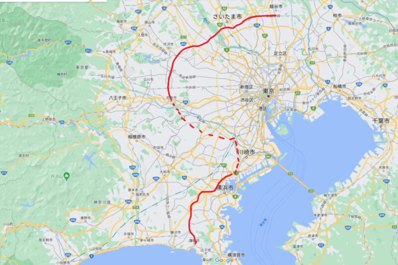 ホリデー快速鎌倉の路線と「武蔵野貨物線」（点線）